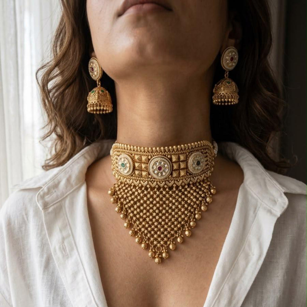 Jewel Addiction Traditional Pota Stone And Pearl Choker Necklace Set