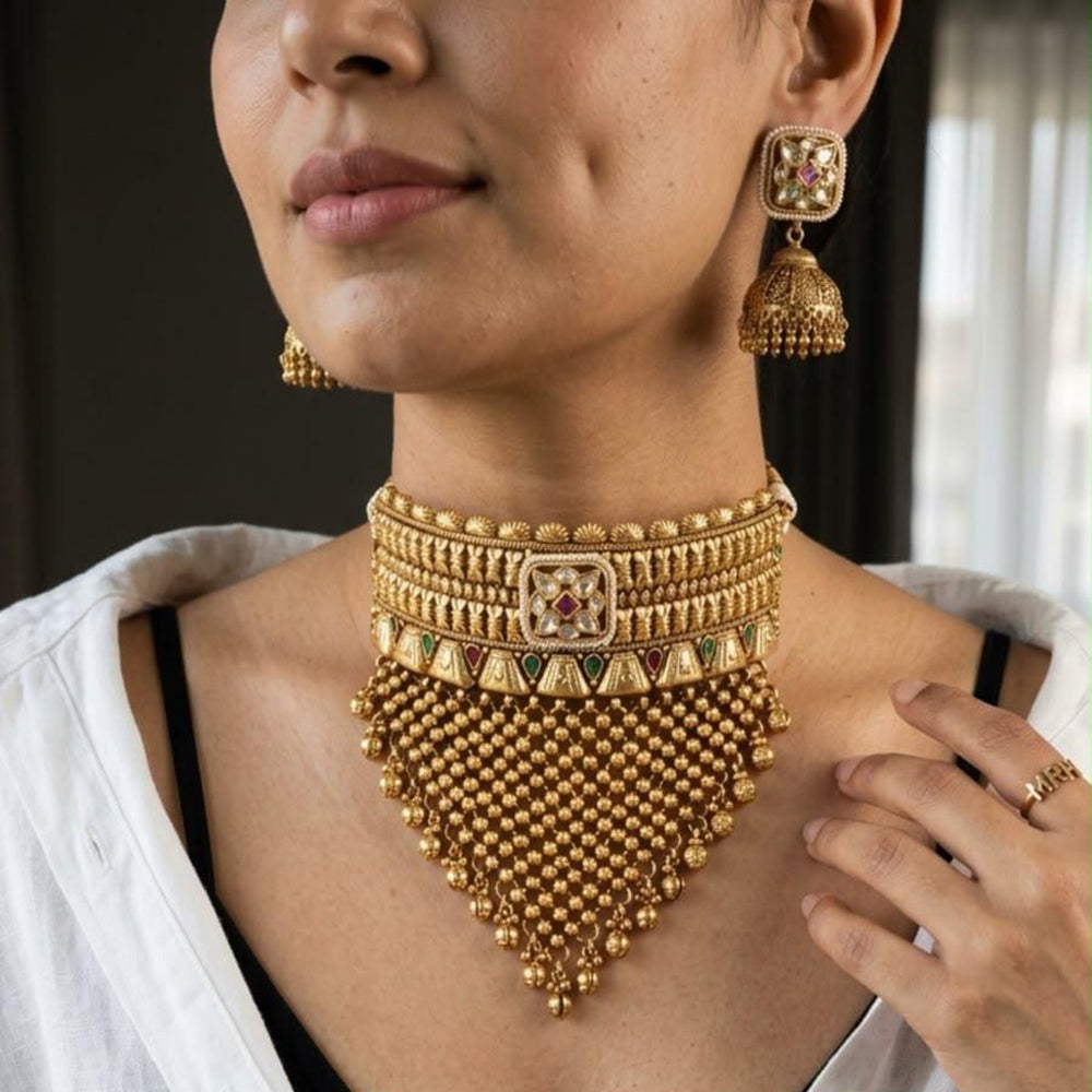 Jewel Addiction Traditional Pota Stone And Pearl Choker Necklace Set