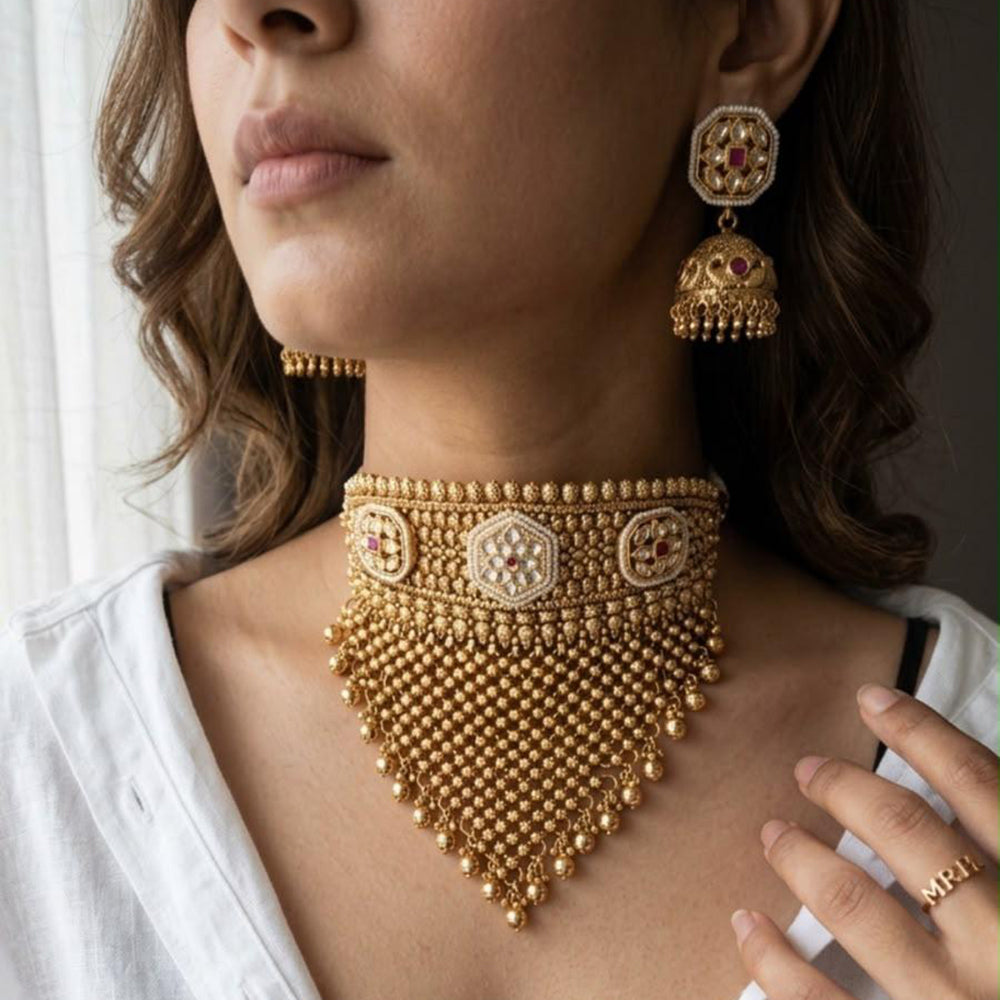 Jewel Addiction Traditional Pota Stone And Pearl Choker Necklace Set