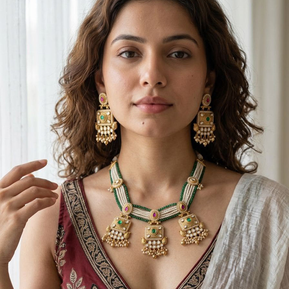 Jewel Addiction Traditional Pota Stone And Pearl Necklace Set