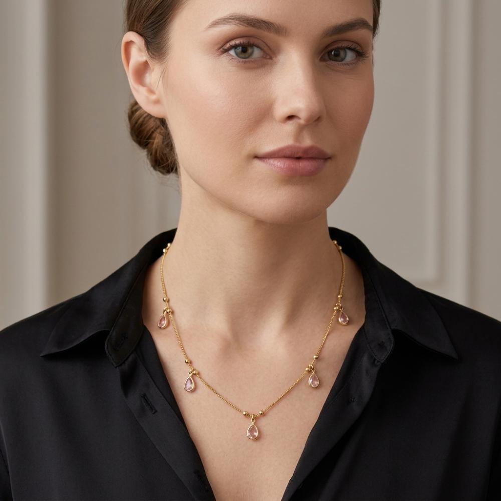 Urthn Minimal Gold Chain Necklace with Crystal Drop Charms (Set of 3)