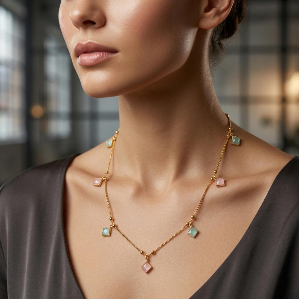 Urthn Minimal Gold Chain Necklace with Crystal Drop Charms (Set of 3)