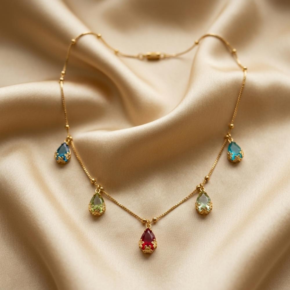 Urthn Minimal Gold Chain Necklace with Crystal Drop Charms (Set of 3)