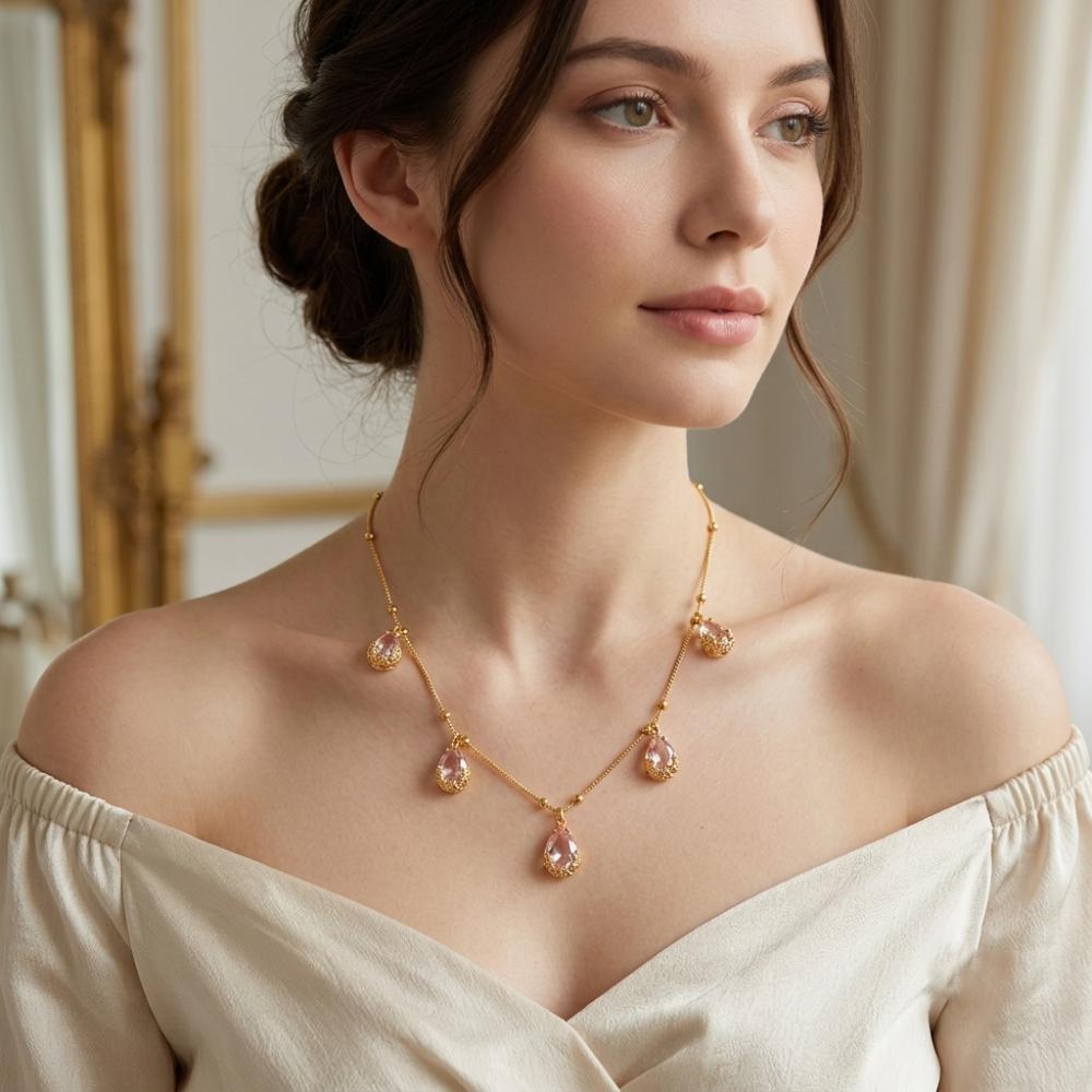 Urthn Minimal Gold Chain Necklace with Crystal Drop Charms (Set of 3)