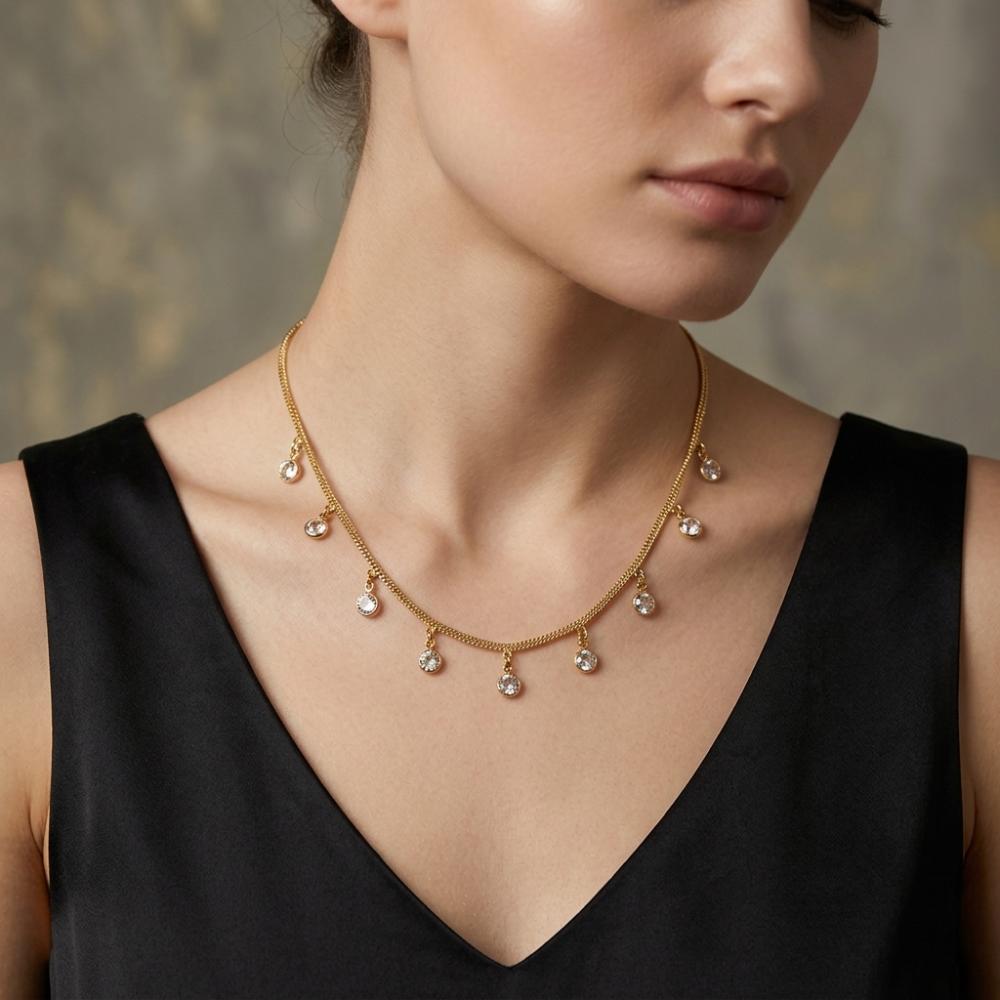 Urthn Minimal Gold Chain Necklace with Crystal Drop Charms (Set of 3)