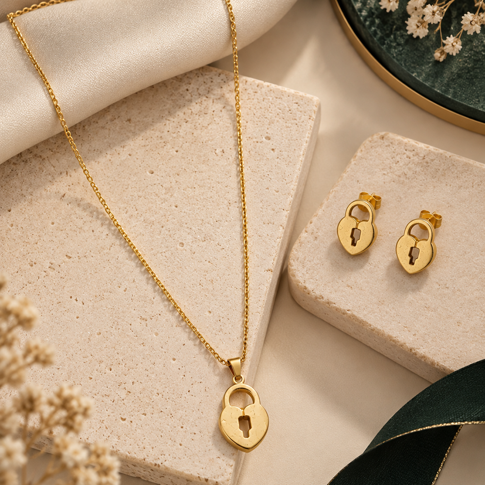 Urthn Beautiful Anti Tarnish Heart Lock Pendant Necklace with Matching Earrings for Party Wear