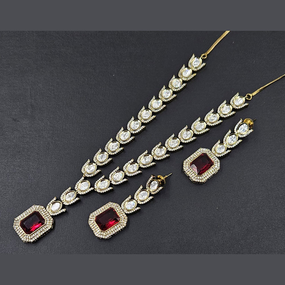 JCM Gold Plated Polki Kundan Stone Long Necklace Set