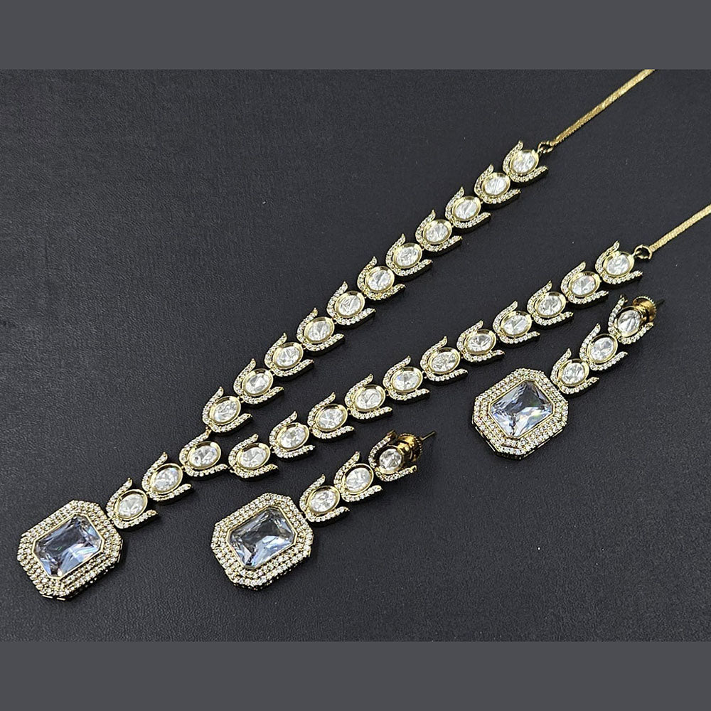 JCM Gold Plated Polki Kundan Stone Long Necklace Set