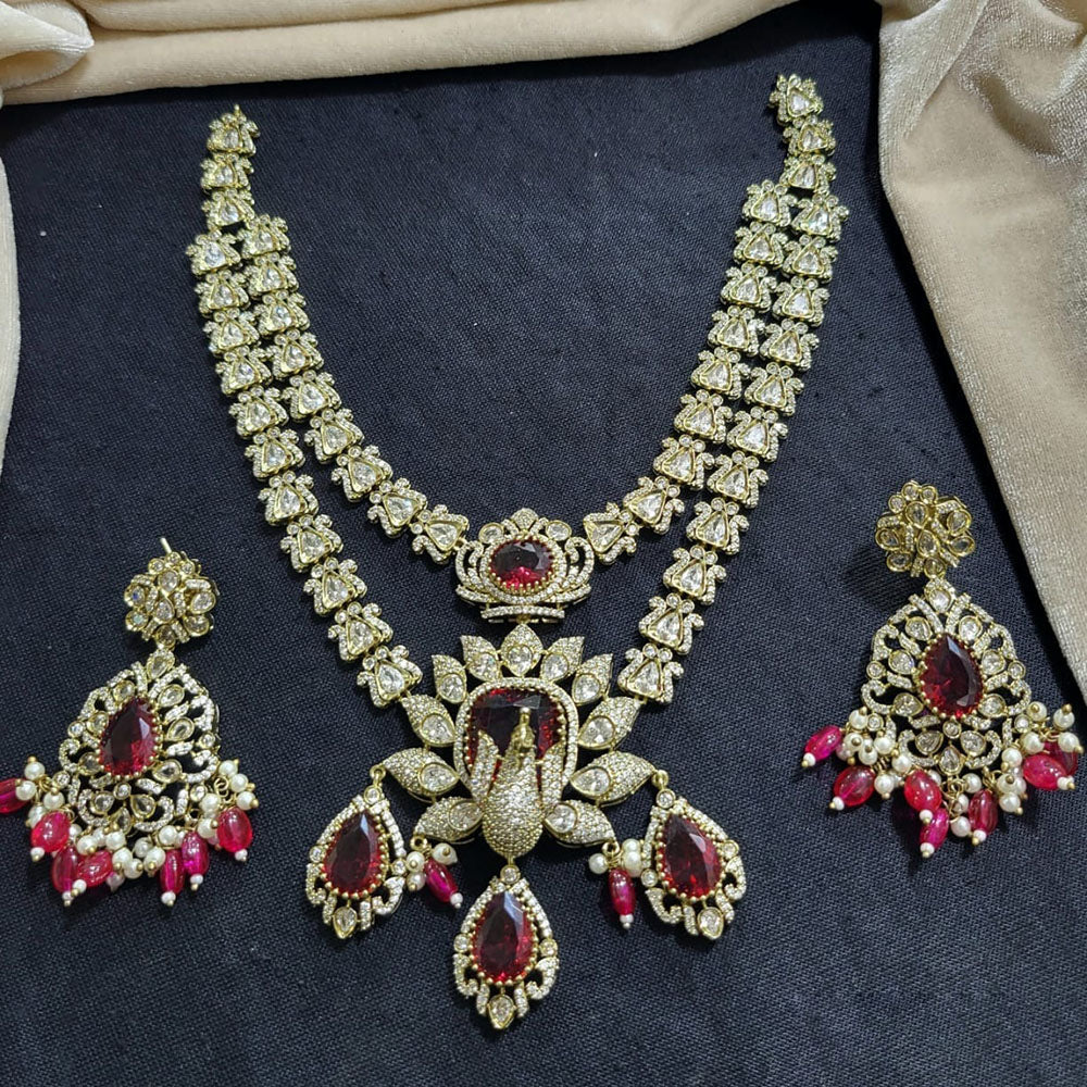 JCM Gold Plated Polki Kundan Stone And Pearls Beads Long Necklace Set