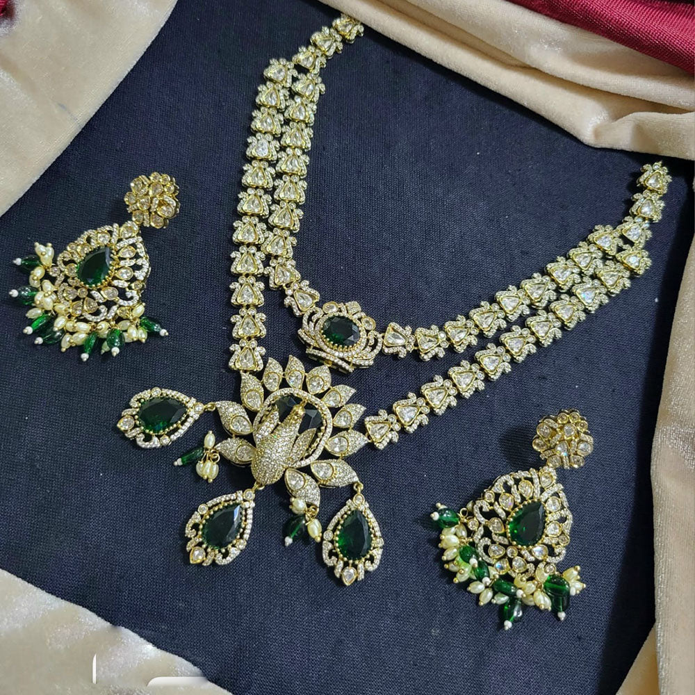 JCM Gold Plated Polki Kundan Stone And Pearls Beads Long Necklace Set