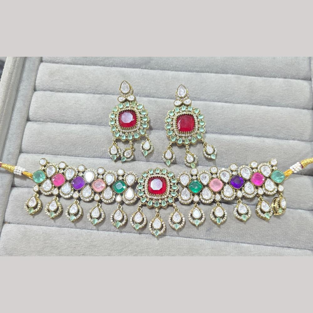 JCM Gold Plated Polki Kundan Stone Choker Necklace Set