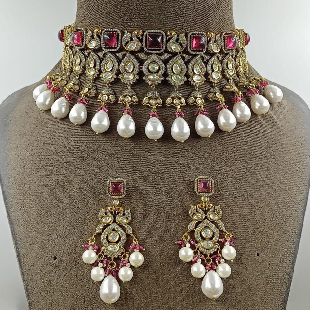 JCM Gold Plated Polki Kundan Stone And Beads Choker Necklace Set