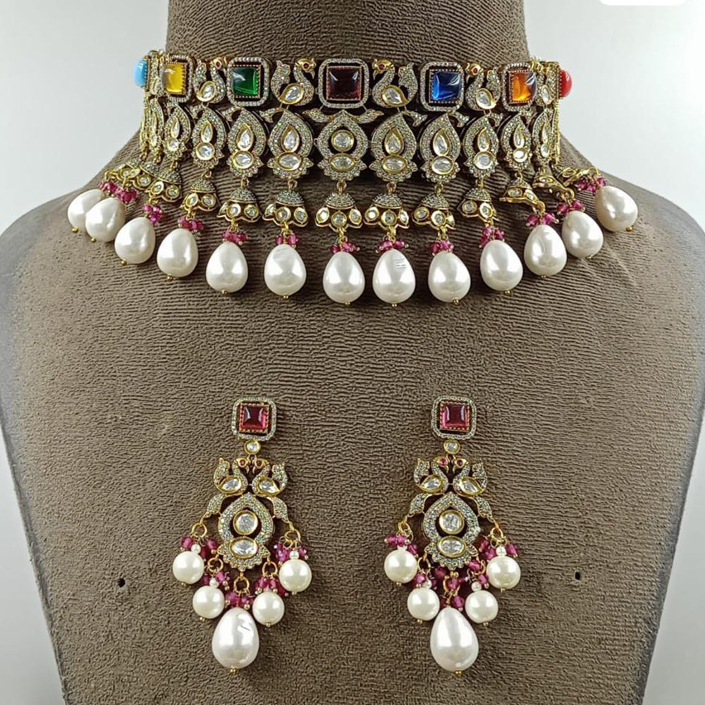 JCM Gold Plated Polki Kundan Stone And Beads Choker Necklace Set