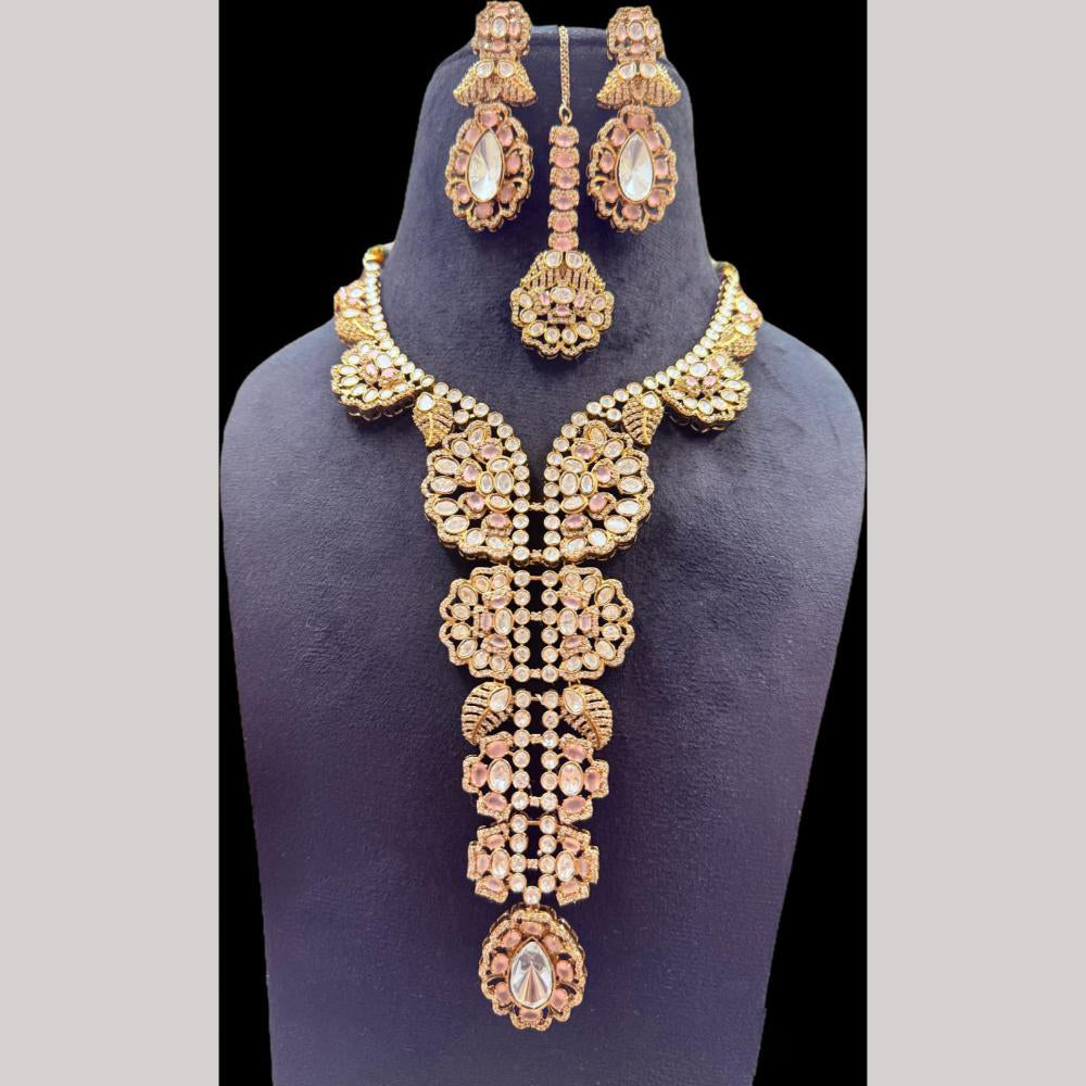 JCM Gold Plated Polki Kundan Stone Long Necklace Set