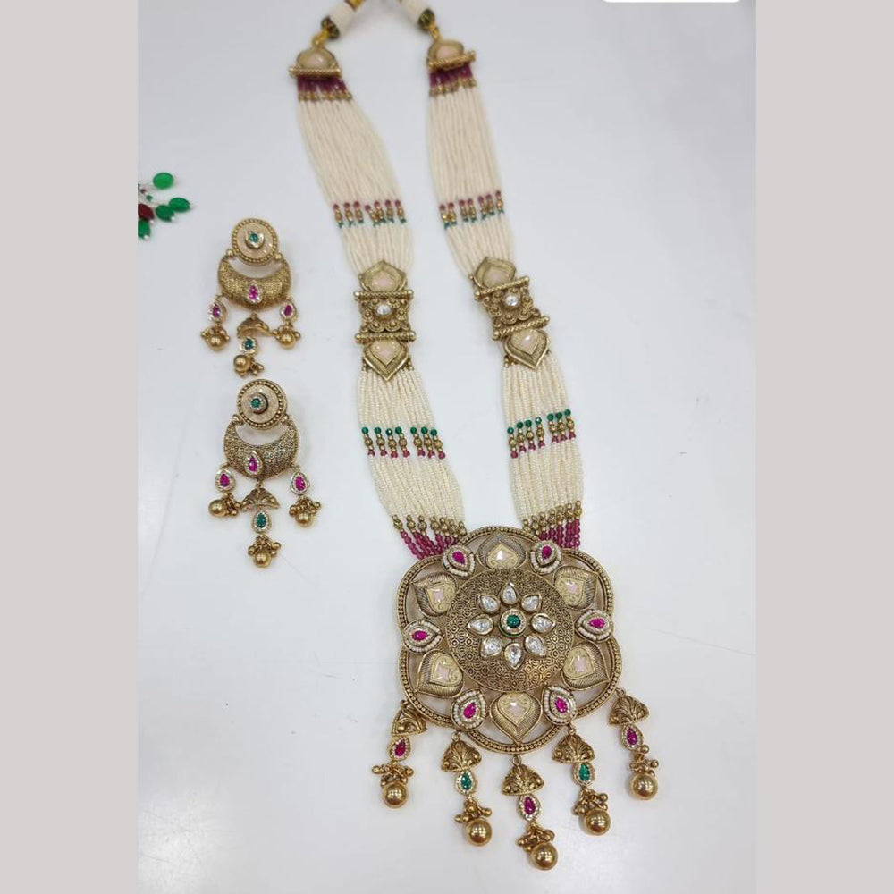 JCM Gold Plated Pota Stone And Pearls Long Necklace Set