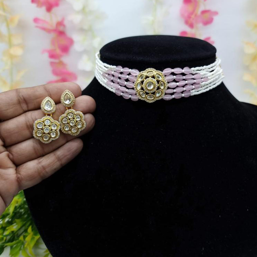 JCM Gold Plated Crystal Stone And Pearls Choker Necklace Set