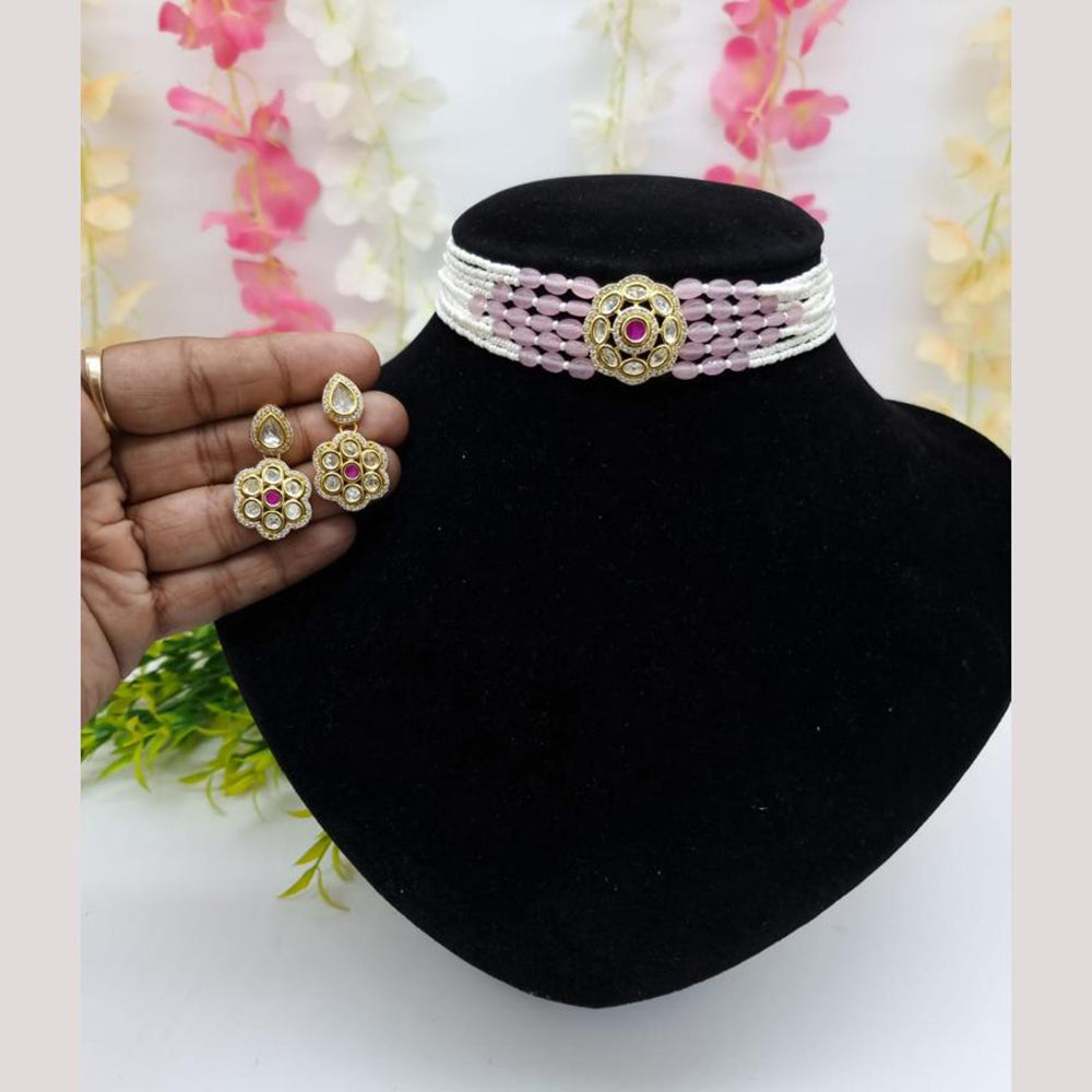 JCM Gold Plated Crystal Stone And Pearls Choker Necklace Set