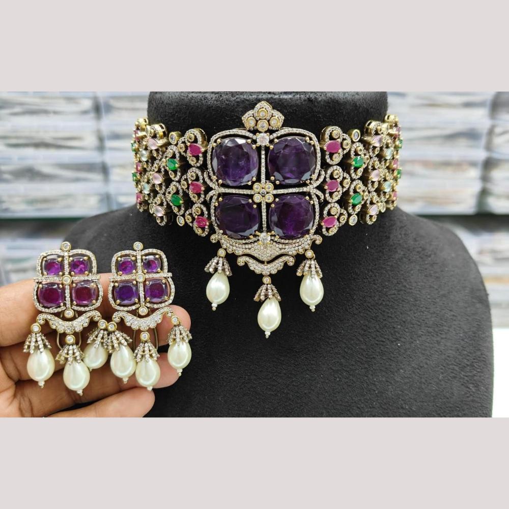 JCM Gold Plated American Diamond And Beads Choker Necklace Set