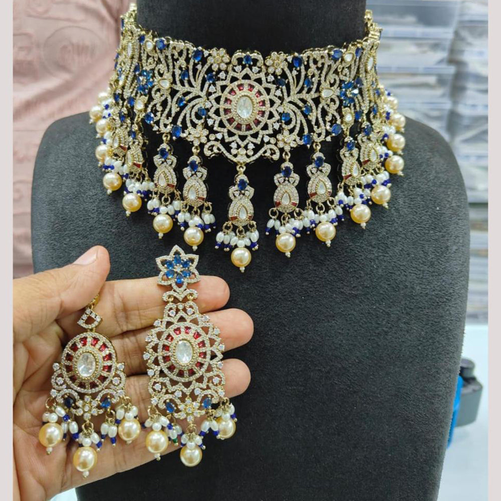 JCM Gold Plated American Diamond And Beads Choker Necklace Set