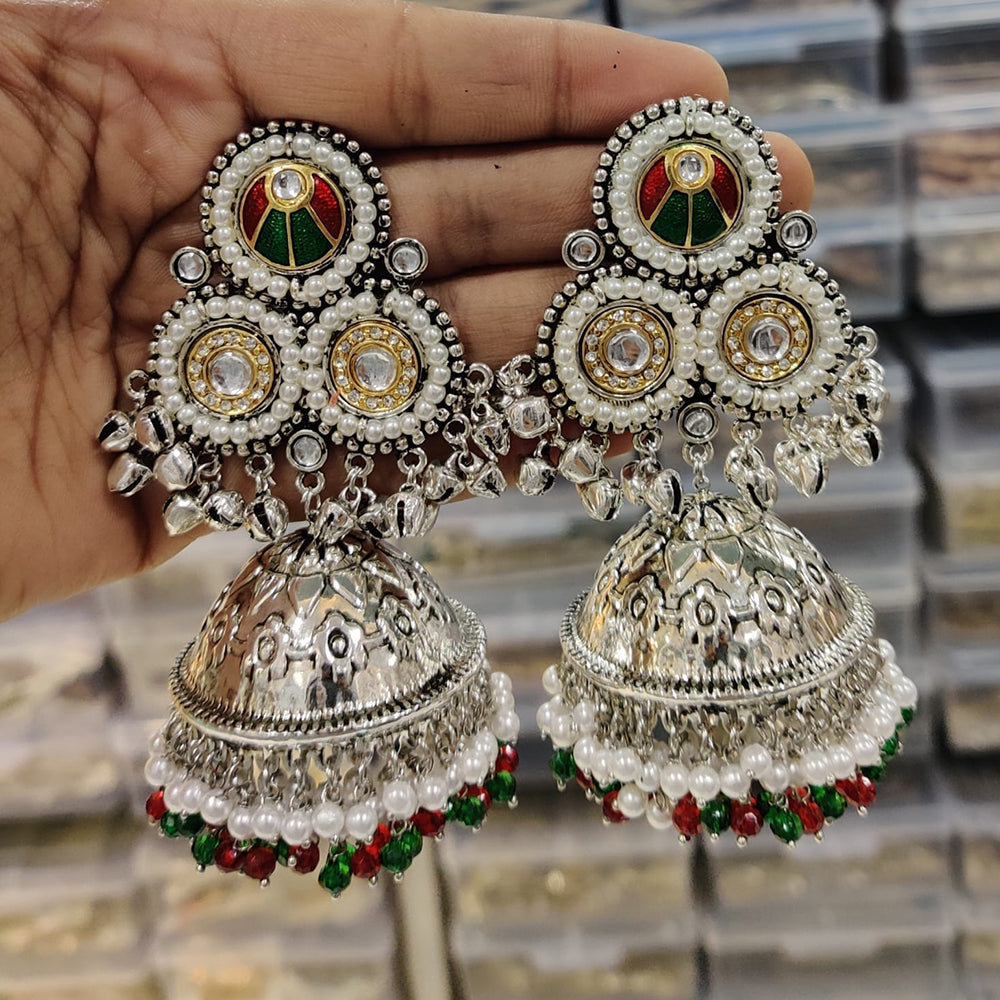 JCM 2 Tone Kundan Stone Ghungroo And Pearls Jhumki