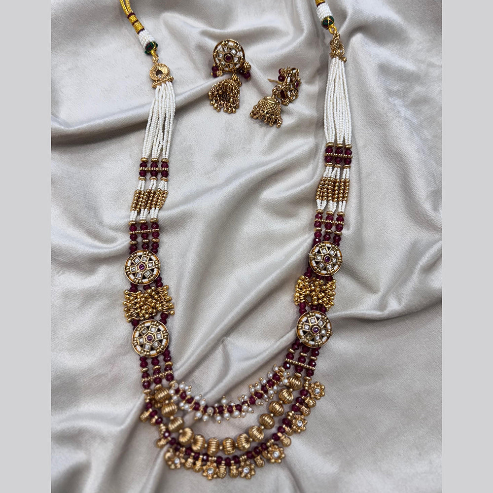 JCM Gold Plated Pota Stone And Pearls Long Necklace Set