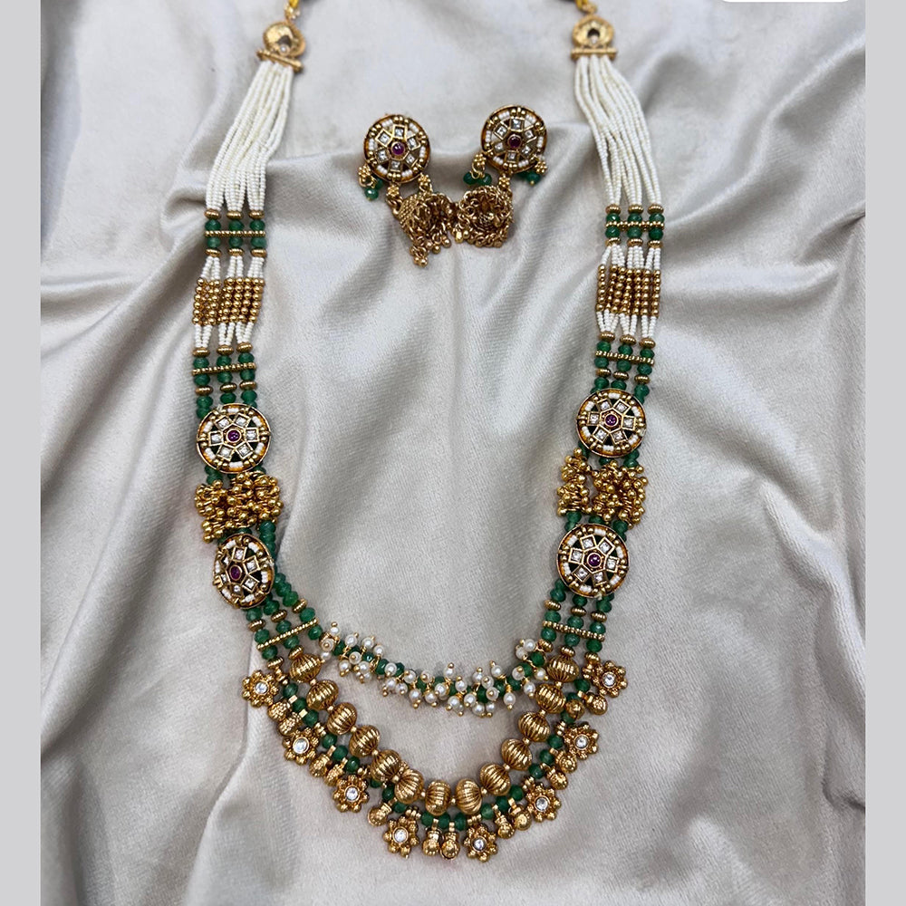 JCM Gold Plated Pota Stone And Pearls Long Necklace Set