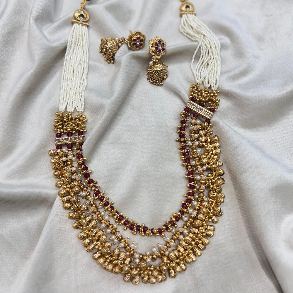 JCM Gold Plated Pota Stone And Pearls Long Necklace Set