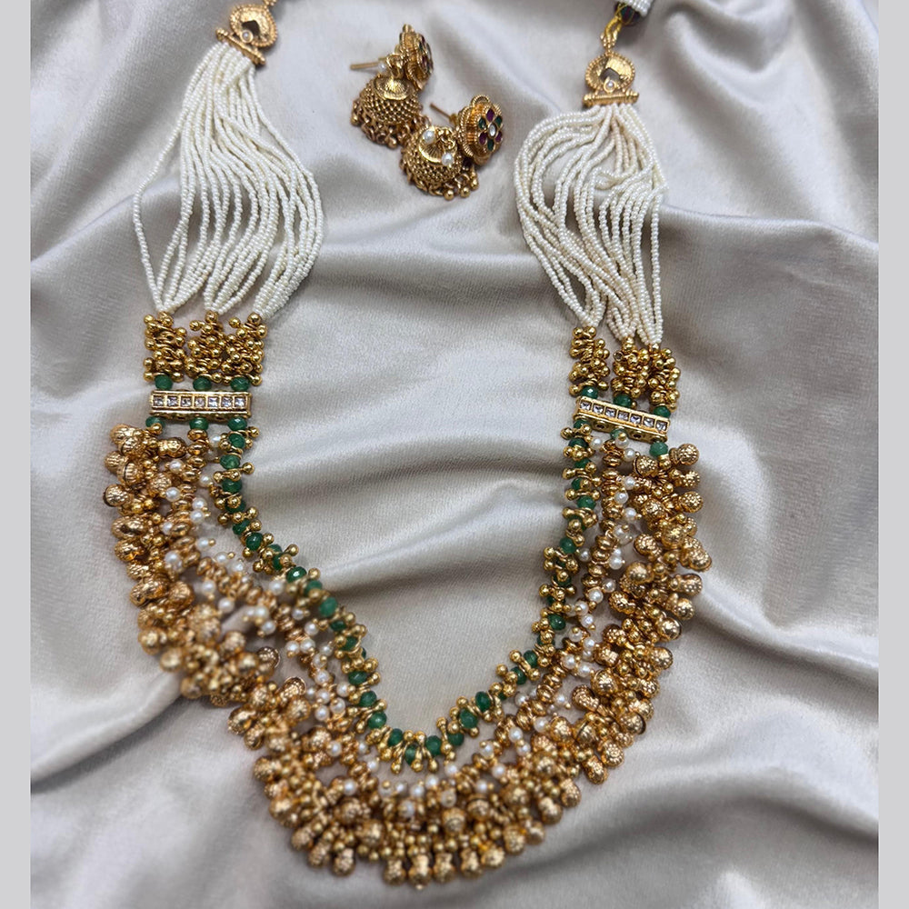 JCM Gold Plated Pota Stone And Pearls Long Necklace Set