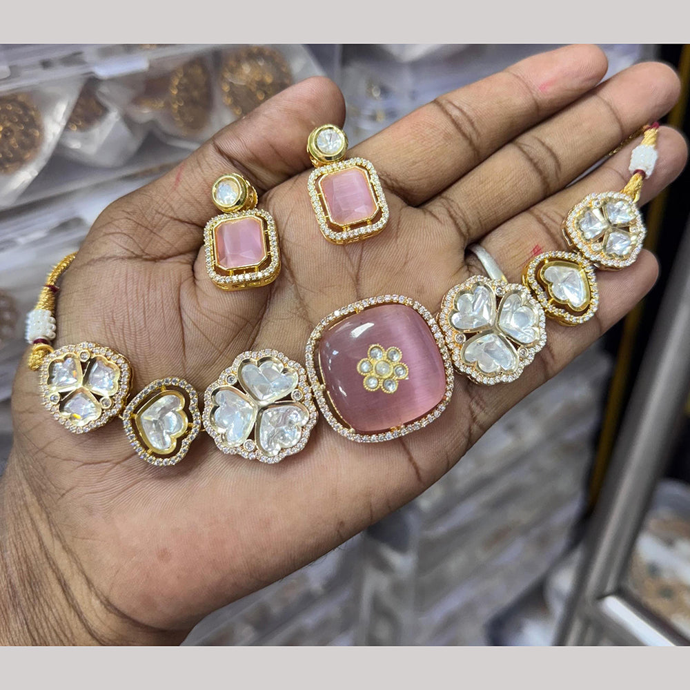 JCM Gold Plated Polki Kundan Stone Choker Necklace Set