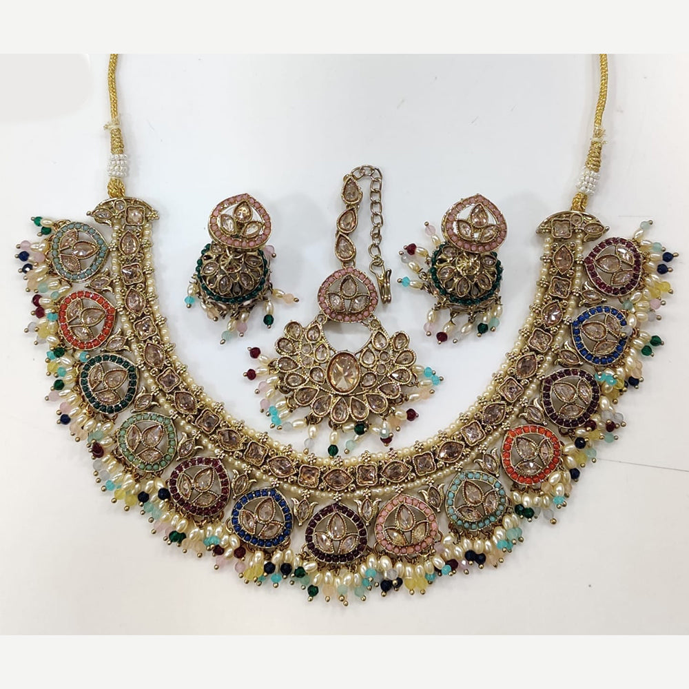 JCM Gold Plated Crystal Stone And Pearls Beads Necklace Set