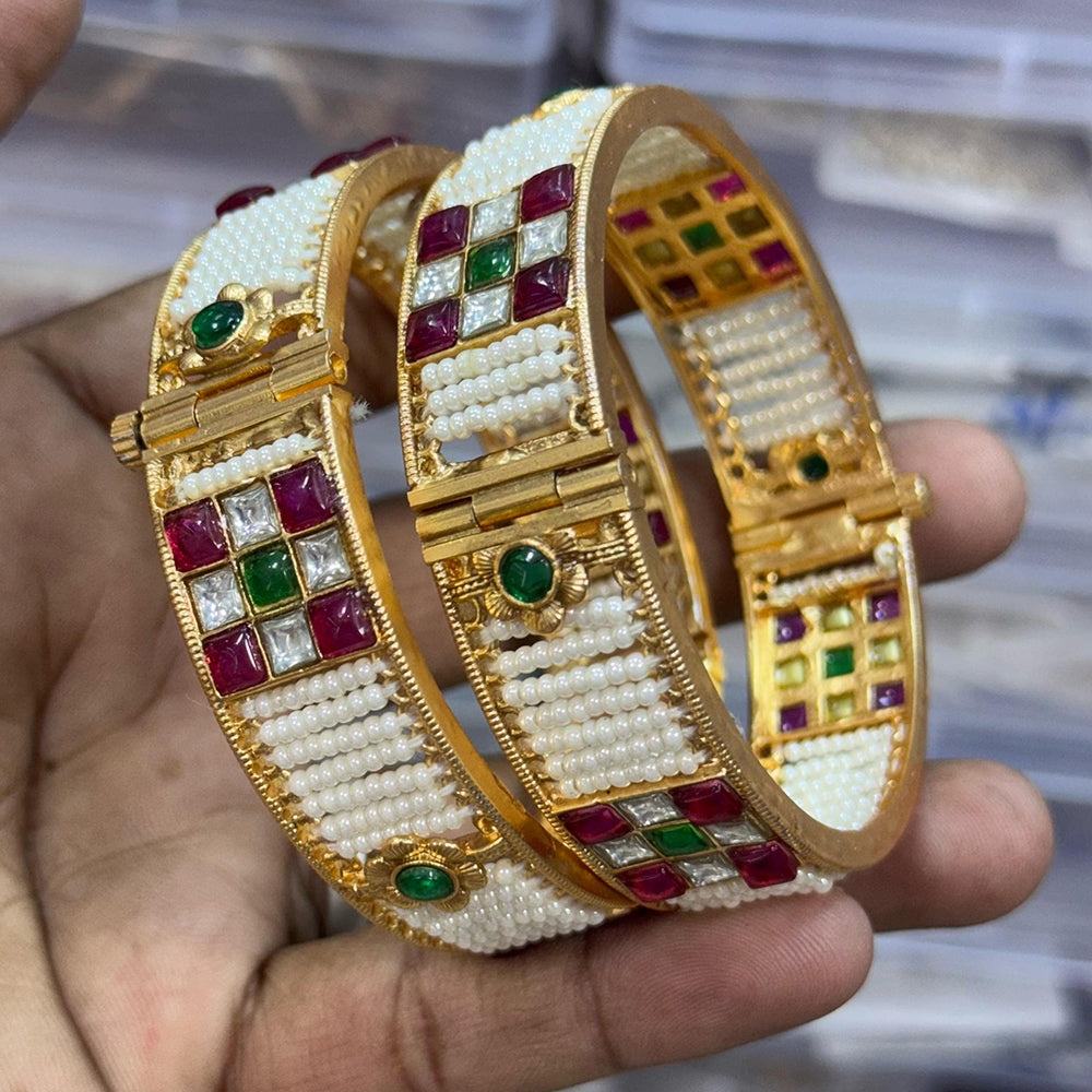 JCM Gold Plated Pota Stone And Pearls Openable Bangles Set
