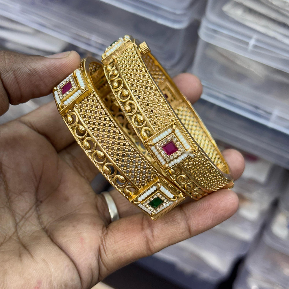 JCM Gold Plated Pota Stone And Pearls Openable Bangles Set