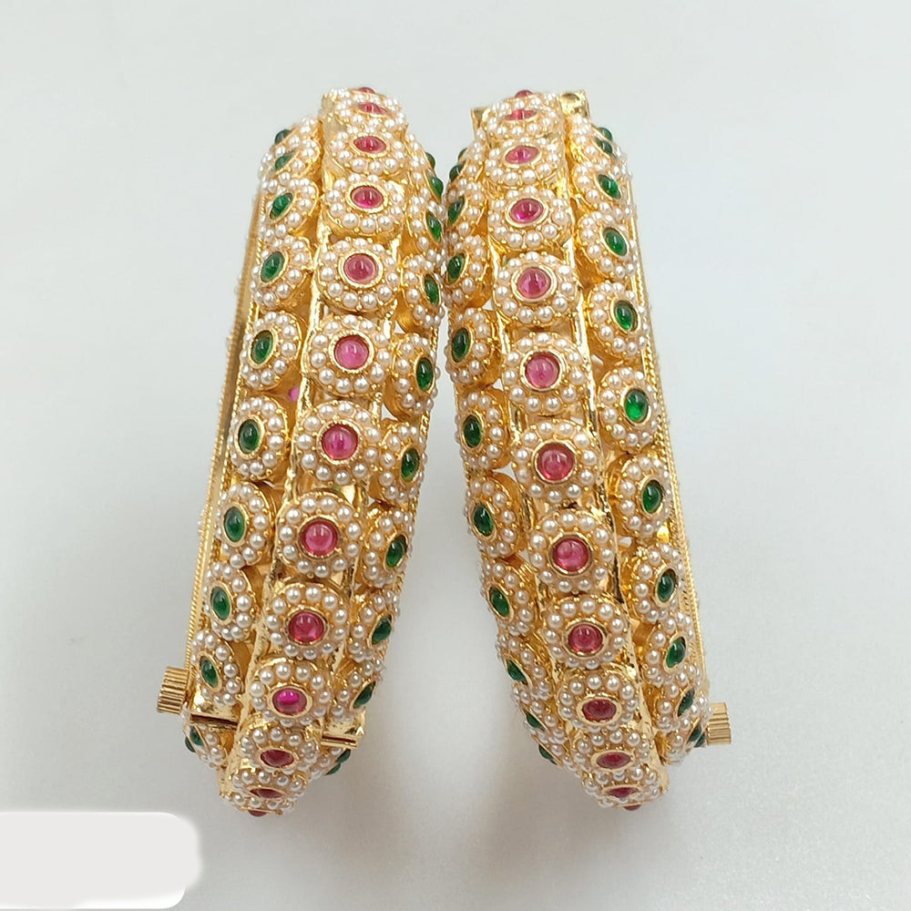 JCM Gold Plated Pota Stone And Pearls Openable Bangles Set