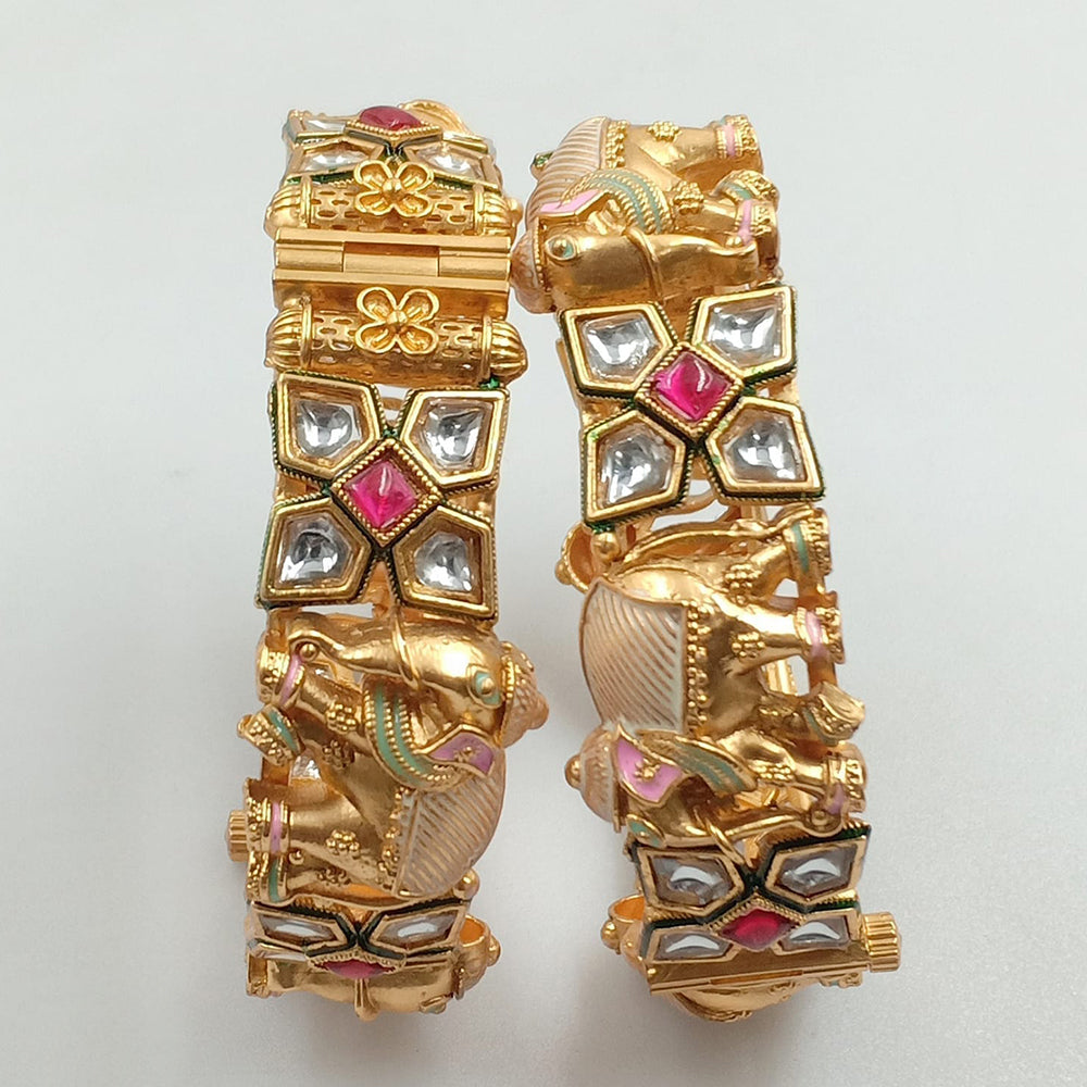 JCM Gold Plated Pota Stone And Meenakari Openable Bangles Set