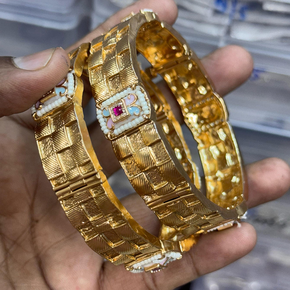 JCM Gold Plated Pota Stone And Pearls Meenakari Openable Bangles Set