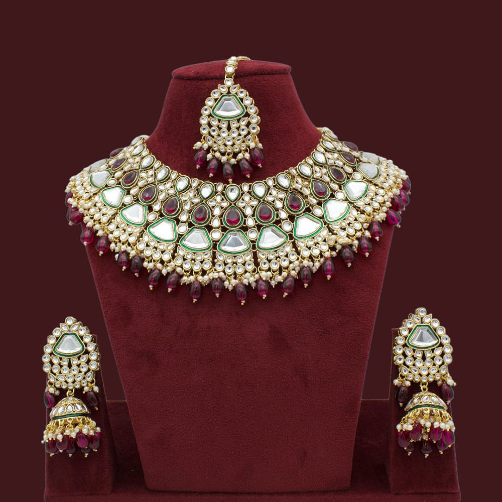 JCM Gold Plated Kundan Stone Beads And Meenakari Choker Necklace Set