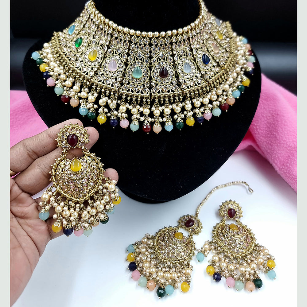 JCM Gold Plated Crystal Stone And Beads Choker Necklace Set