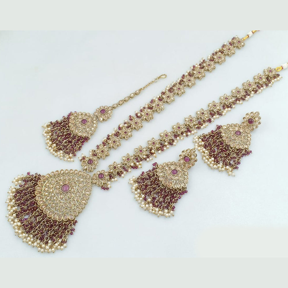 JCM Gold Plated Crystal Stone And Pearls Long Necklace Set