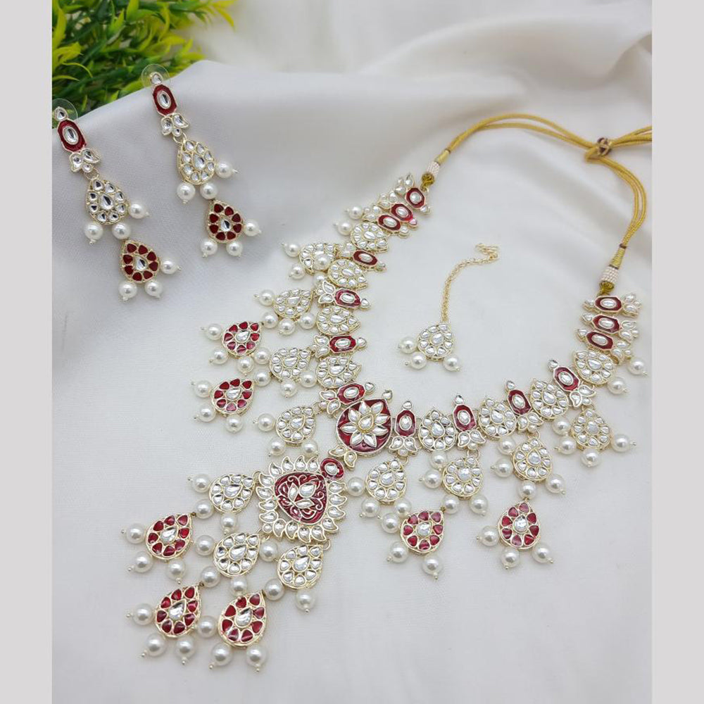 JCM Gold Plated Kundan Stone And Pearls Meenakari Necklace Set