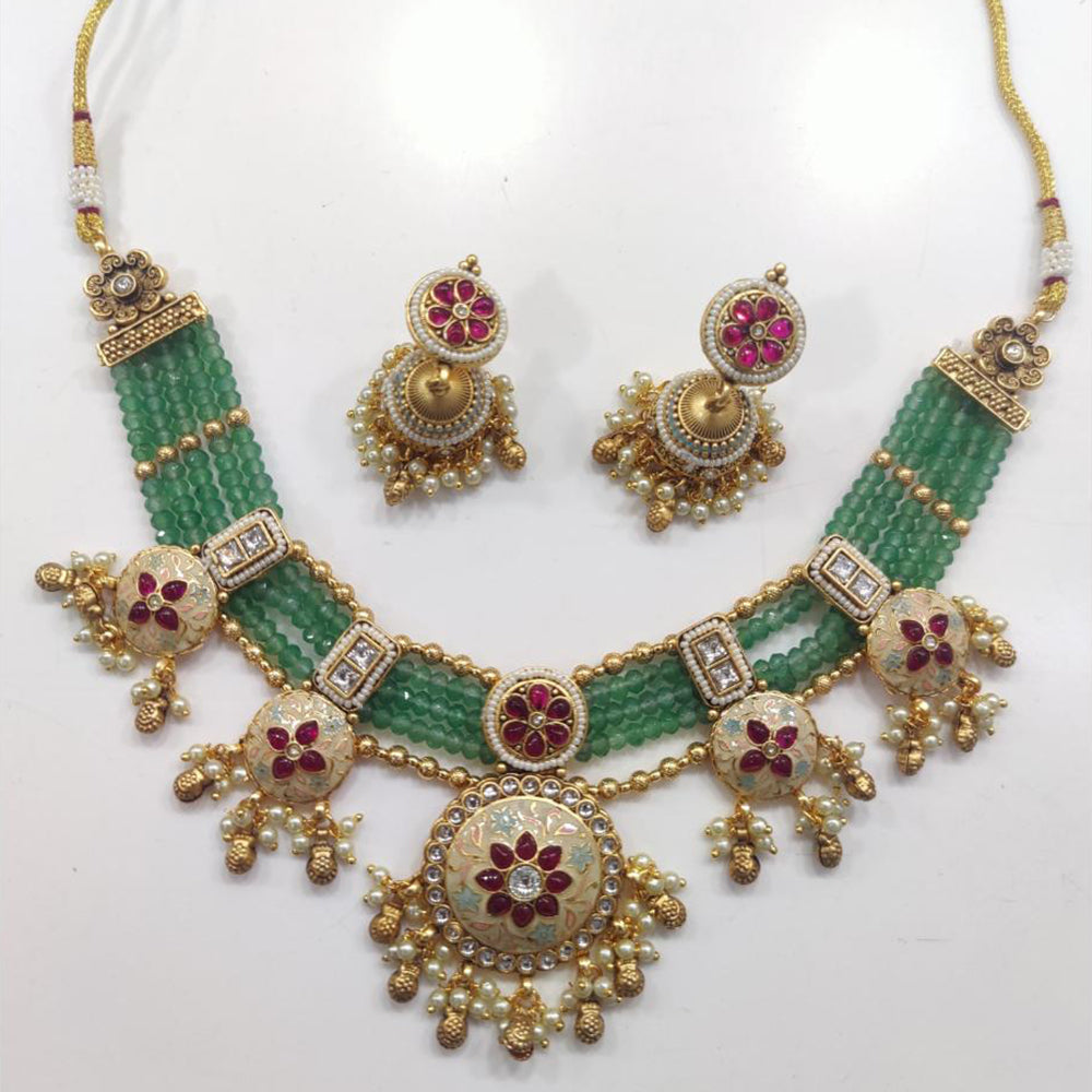 JCM Gold Plated Pota Stone And Pearls Meenakari Necklace Set