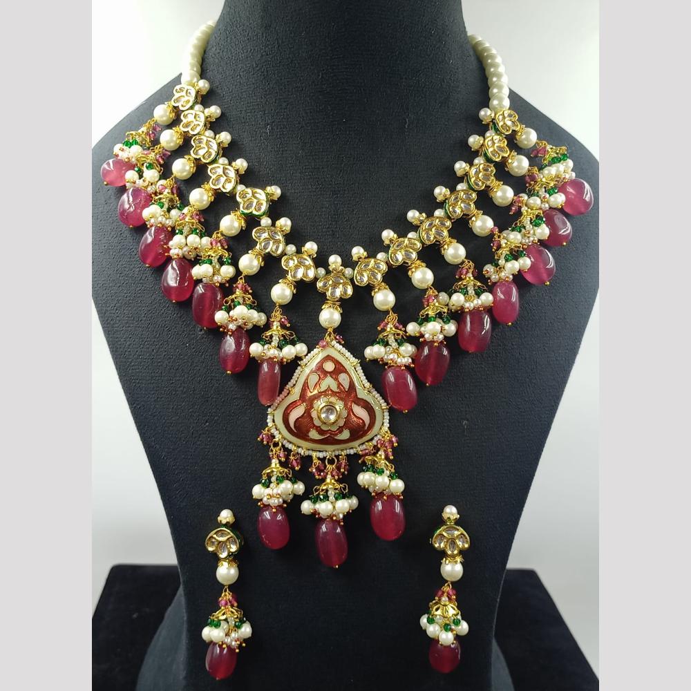 JCM Gold Plated Kundan Stone And Beads Meenakari Necklace Set