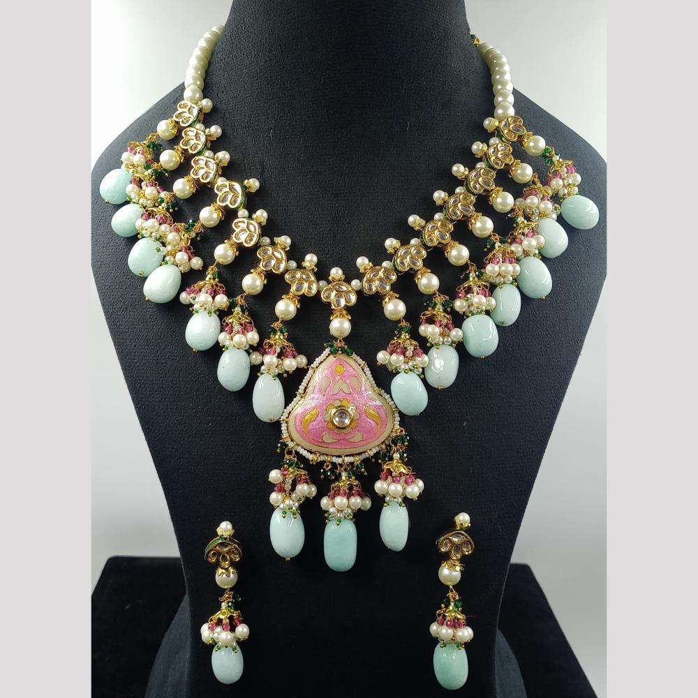 JCM Gold Plated Kundan Stone And Beads Meenakari Necklace Set
