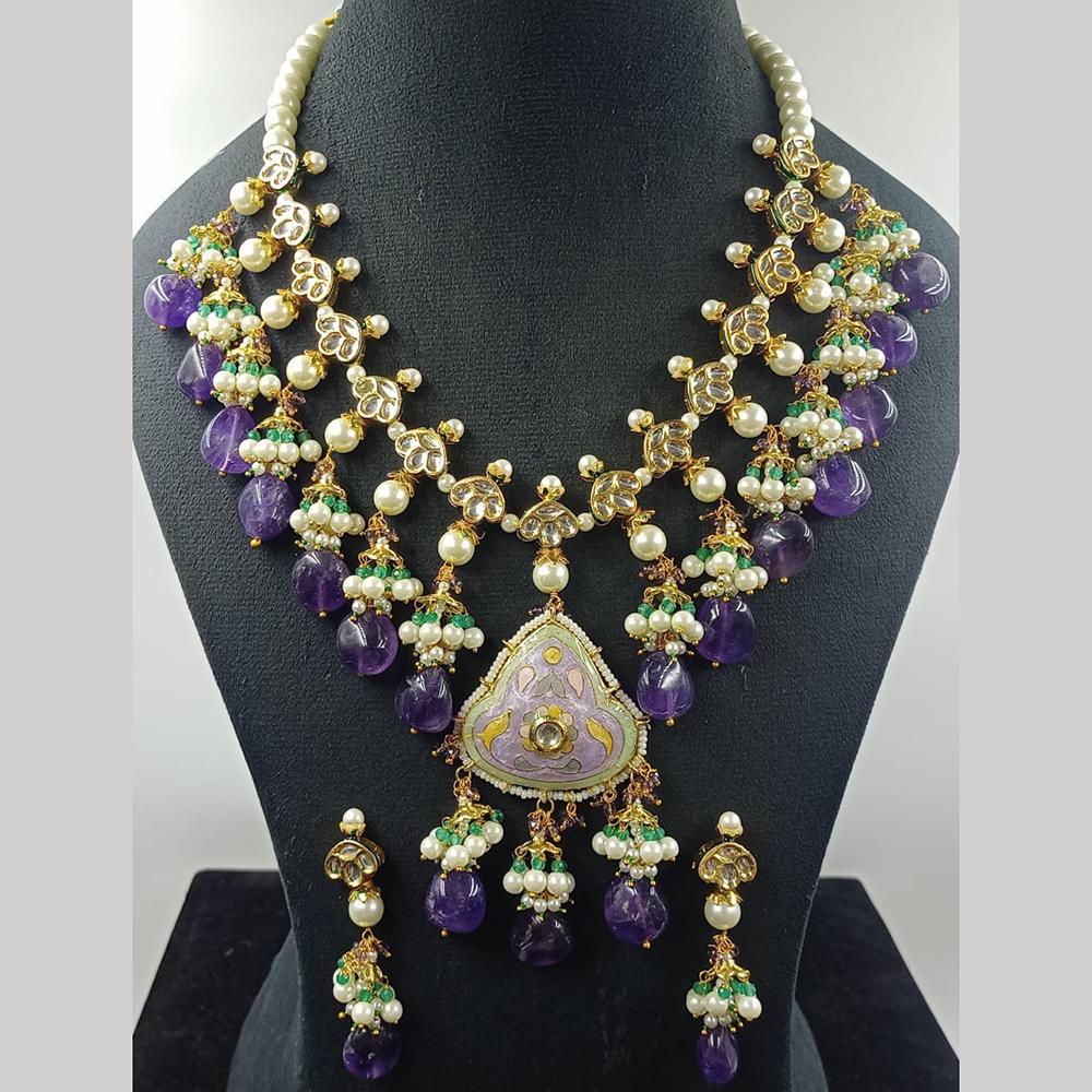 JCM Gold Plated Kundan Stone And Beads Meenakari Necklace Set