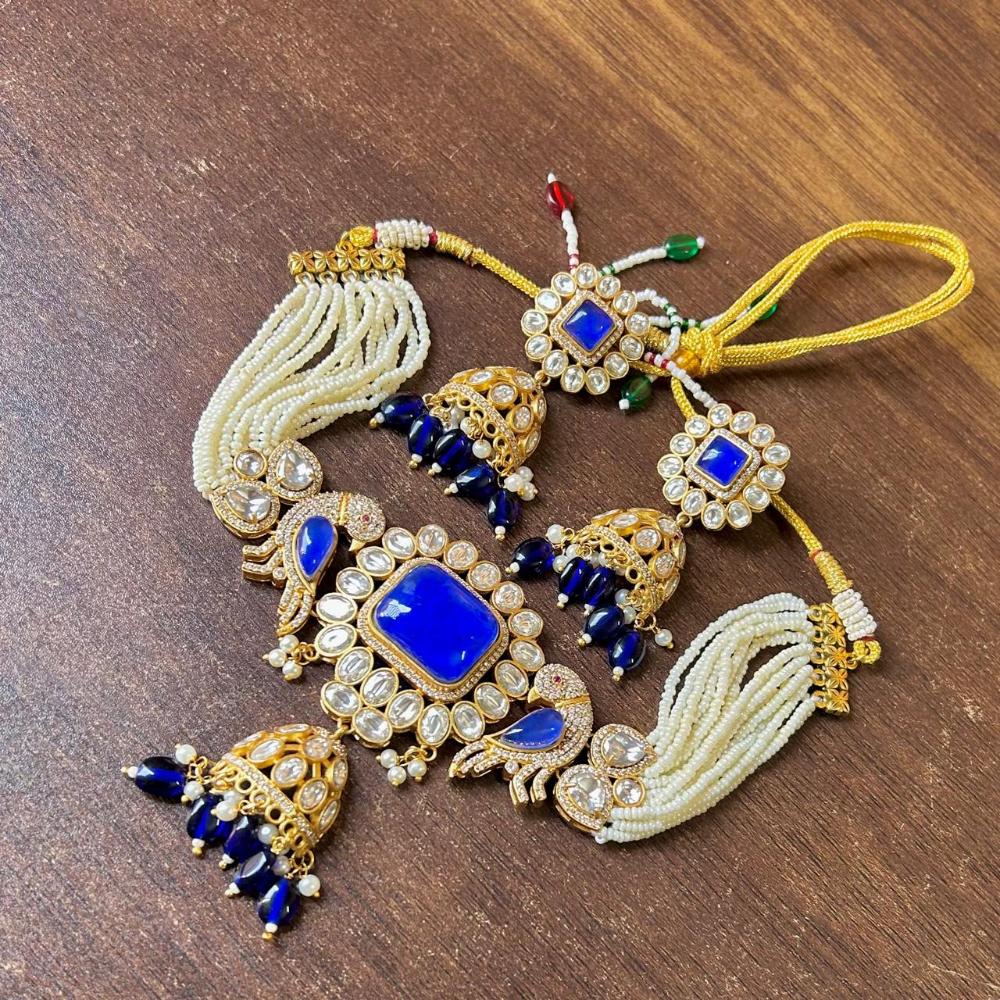JCM Gold Plated Polki Kundan Stone And Beads Choker Necklace Set