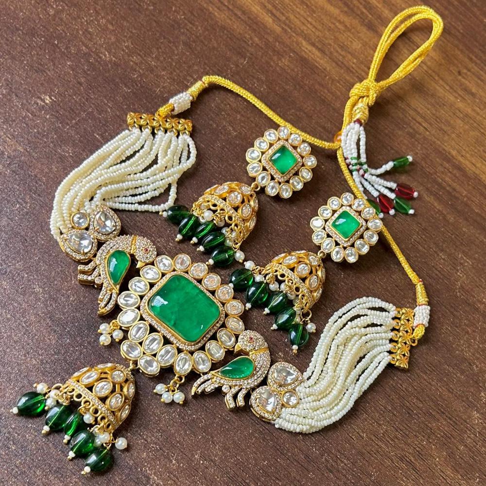 JCM Gold Plated Polki Kundan Stone And Beads Choker Necklace Set