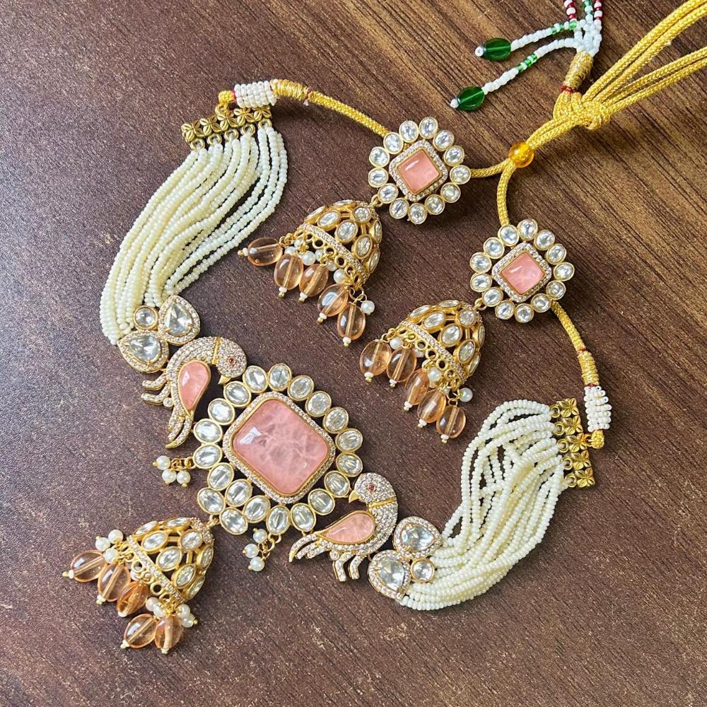 JCM Gold Plated Polki Kundan Stone And Beads Choker Necklace Set