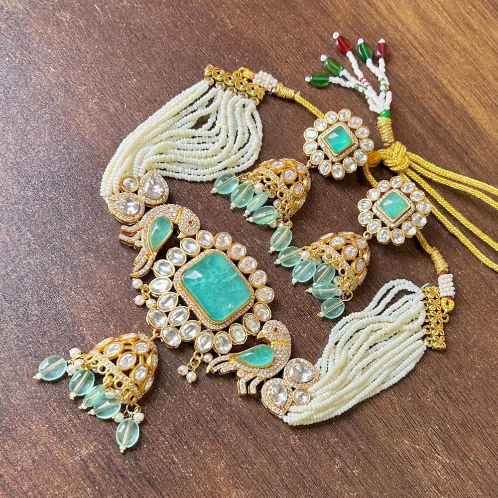 JCM Gold Plated Polki Kundan Stone And Beads Choker Necklace Set