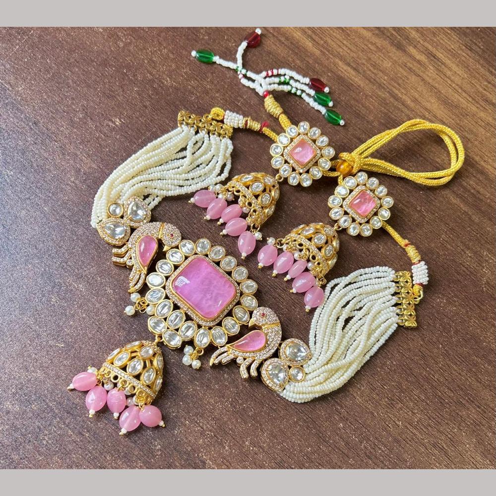 JCM Gold Plated Polki Kundan Stone And Beads Choker Necklace Set