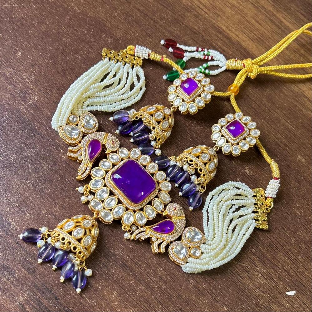 JCM Gold Plated Polki Kundan Stone And Beads Choker Necklace Set