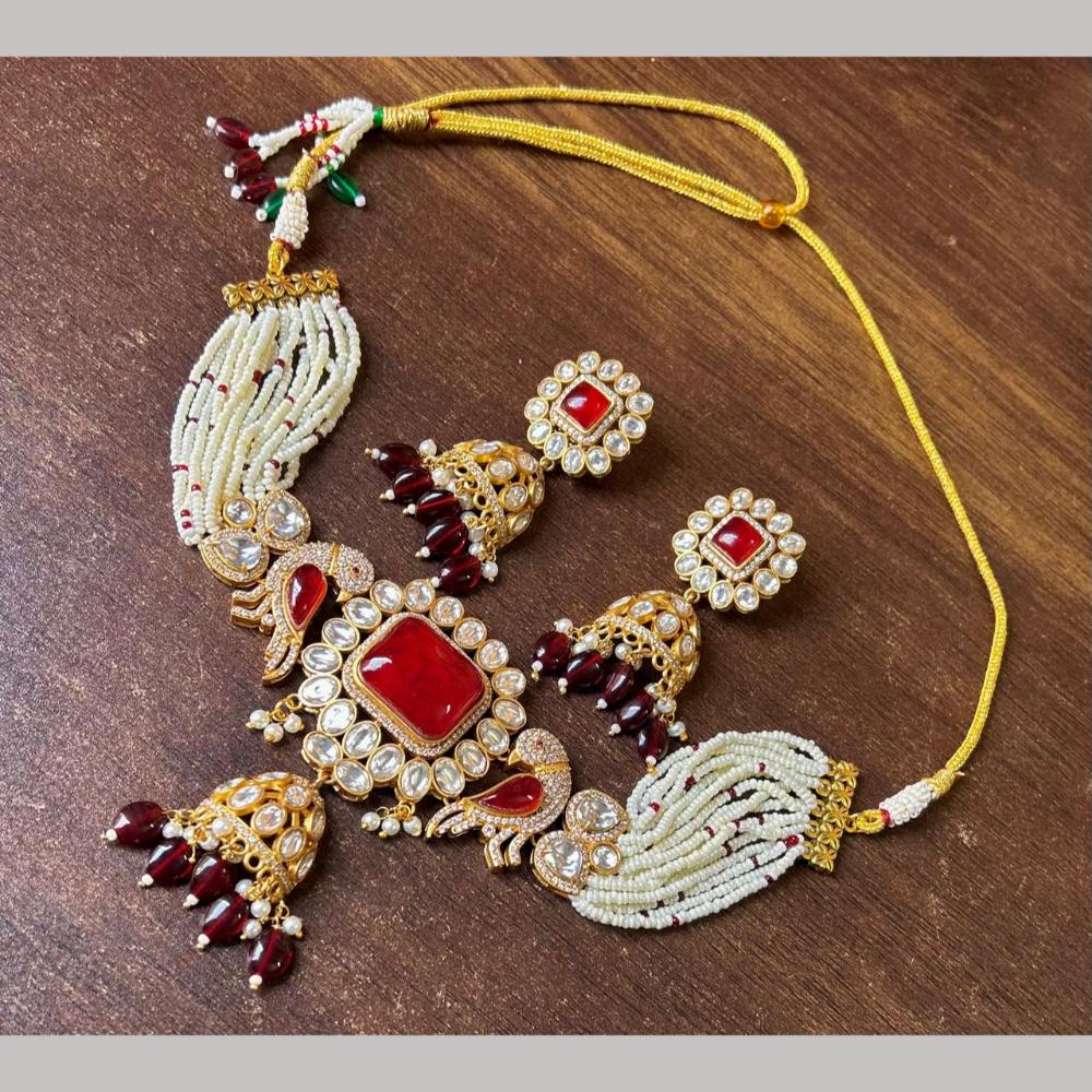 JCM Gold Plated Polki Kundan Stone And Beads Choker Necklace Set